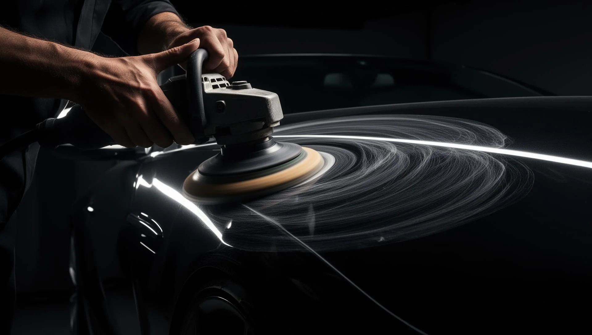 Machine polisher removing swirl marks from car paint