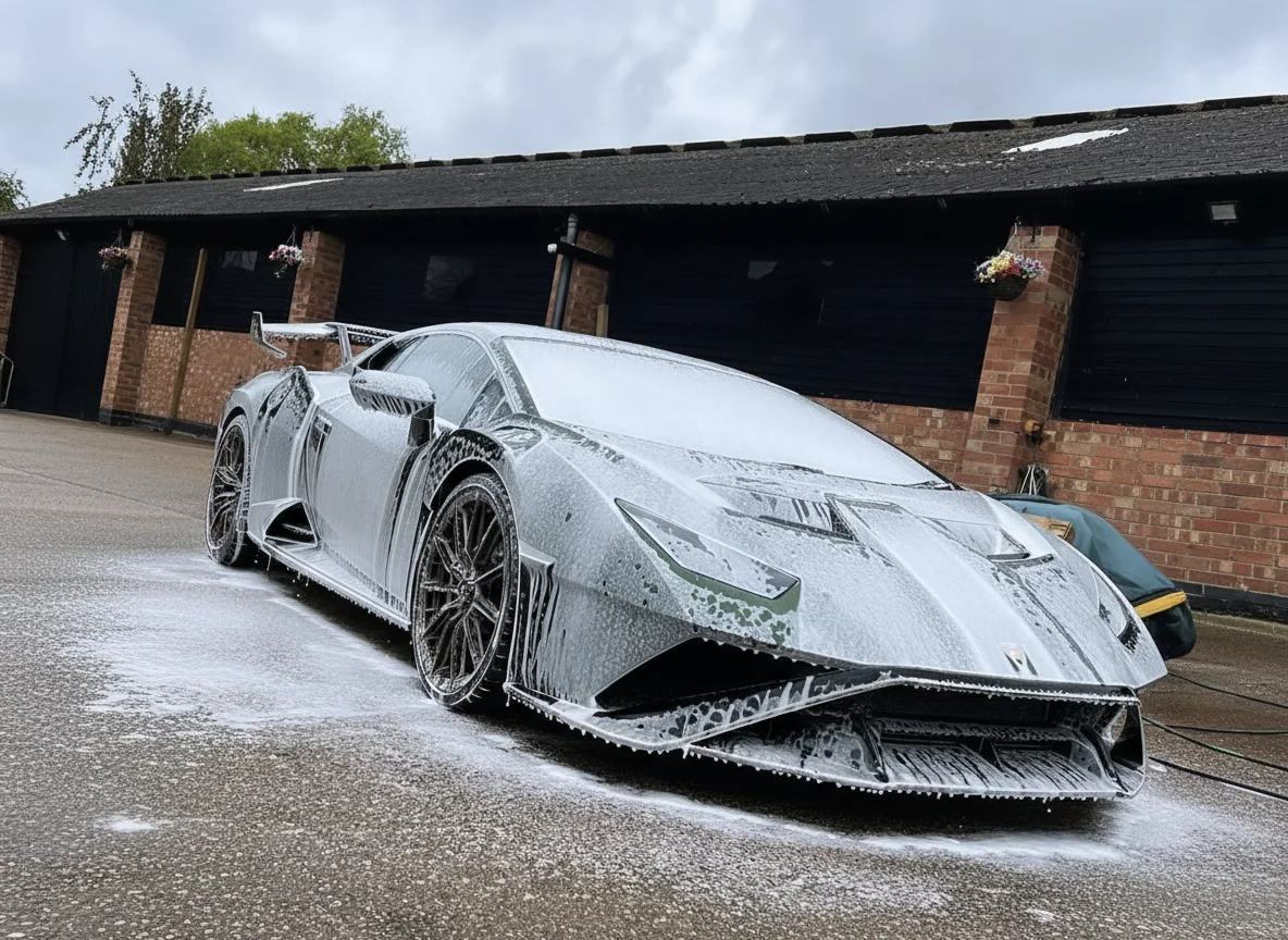 Lamborghini supercar being detailed with snow foam